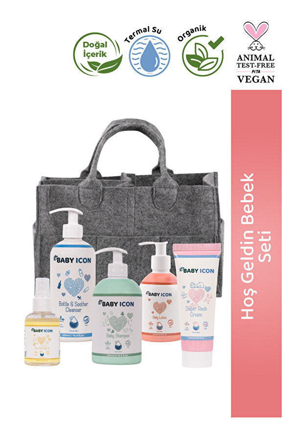 Baby İcon %100 Doğal Organik Vegan Hoşgeldin Anne Bebek Keçe Organize Bakım Çantası Seti - 6 Parça