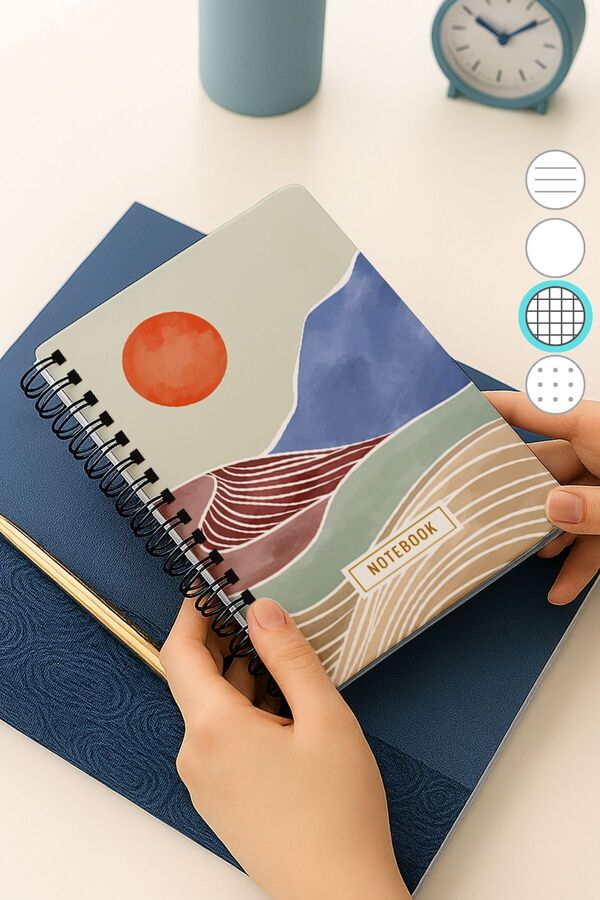 Eldesen Tasarım-A5 Spiral Thick Cover Checkered Notepad, 80 Sheets 160 Pages, Orange Boholo 1