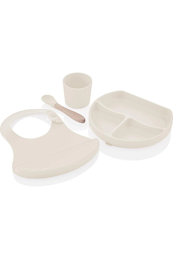 Babyjem Silikon Beslenme Seti Ekru - Silikon Önlük & Tabak & Bardak & Kaşık - Bpa Free