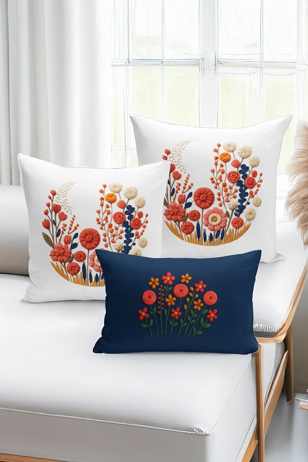 Bertille Home-Set de 3 huse de pernă cu imprimare digitală pe două părți (aspect de broderie cu model de puncție) 1