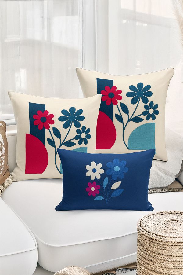 Bertille Home-Set de 3 huse de pernă cu imprimare digitală pe două părți (aspect de broderie cu model de puncție) 1