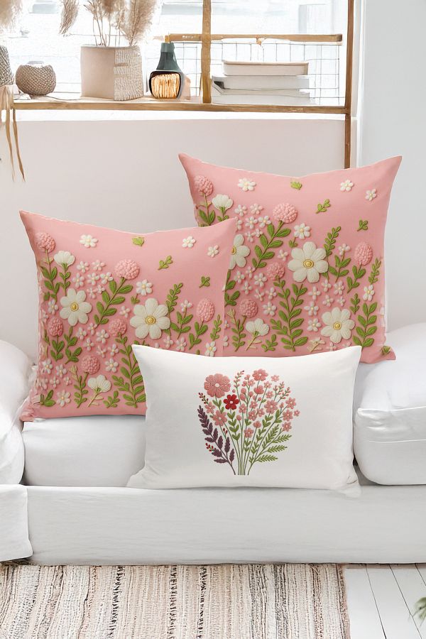 Bertille Home-Set de 3 huse de pernă cu imprimare digitală pe două părți (aspect de broderie cu model de puncție) 1