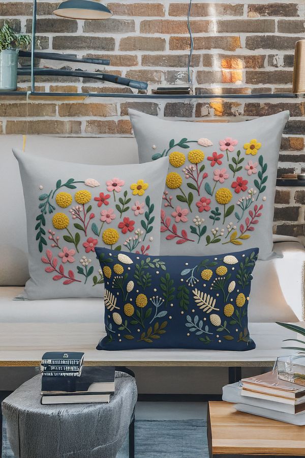 Bertille Home-Set de 3 huse de pernă cu imprimare digitală pe două părți (aspect de broderie cu model de puncție) 1