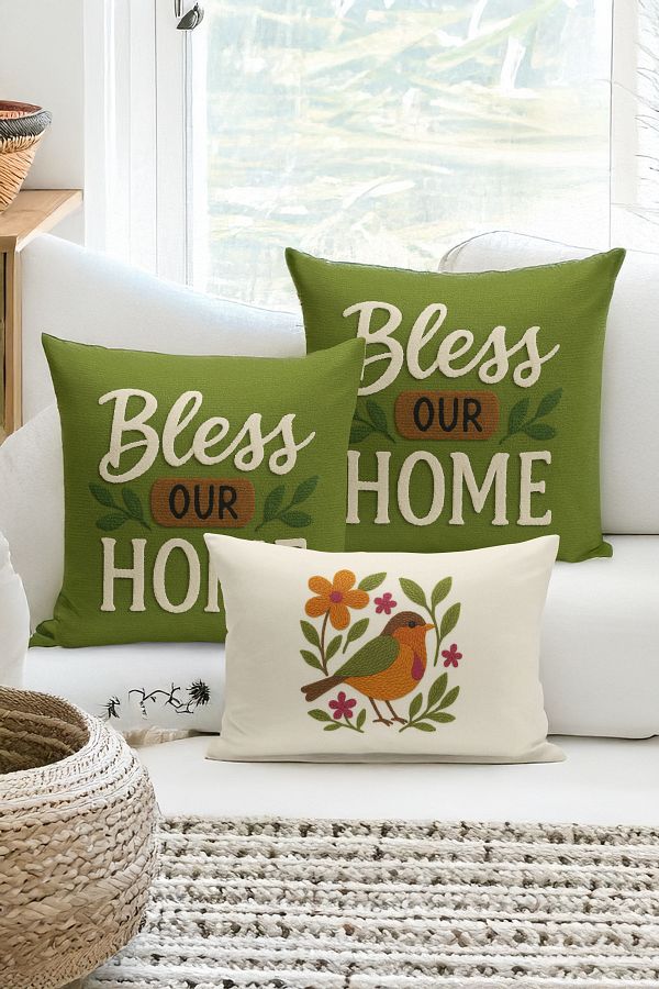 Bertille Home-Set de 3 huse de pernă cu imprimare digitală pe două părți (aspect de broderie cu model de puncție) 1