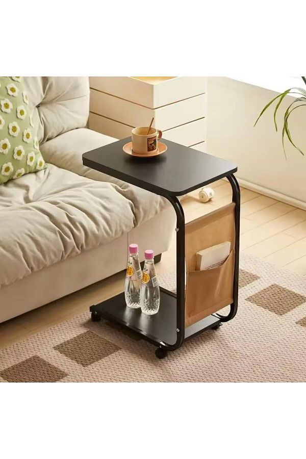 Türkiye-C Shaped End Table, Side Table with Metal Frame, End Table TV Tray, Sofa Table WIth Rolling Casters, 1