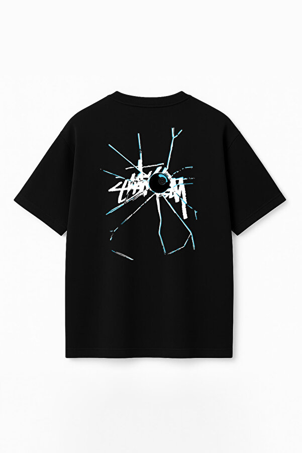 Unisex Stüssy Kırık Cam Baskılı Oversize %100 Pamuk Geniş Kesim Bisiklet Yaka Siyah Tişört RF0528