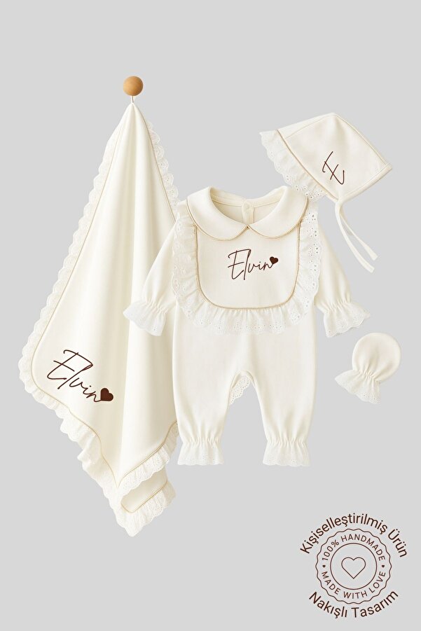 Minytrendy Kız Bebek İsimli Yenidoğan Tulum Battaniye Vintage Gold Simli Hastane Çıkışı Mevlüt Takımı Hediyelik