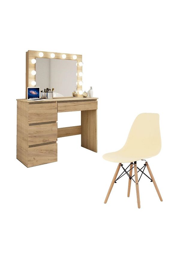 JollyMag-Dressing table/makeup table + Scandinavian style chair, Artool, wotan oak, with mirror and LEDs 1