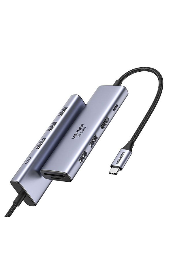 Ugreen-HUB USB-C multifuncțional 6 în 1 - 2x USB HDMI 4K Cititor de carduri SD și TF USB-C PD 100W Gri 1