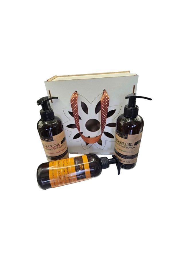 AZBANE -CASABLANCA - MAROC-Set cutie lemn Gel de dus Argana 400 ml, Sapun lichid Arganine 400 ml, Lotiune Argana 400 ml 1