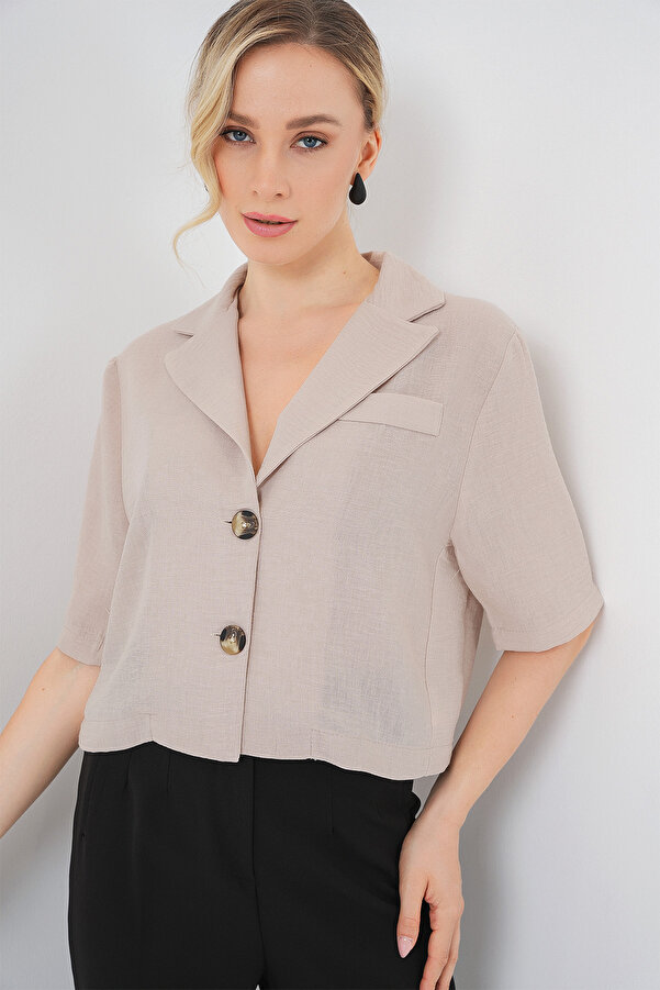 Bigdart 0706 Crop Linen Jacket Beige- Trendyol
