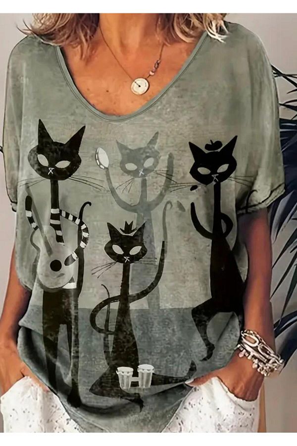 MİXED-Black Cat Patterned Floating Woven Bluz 1