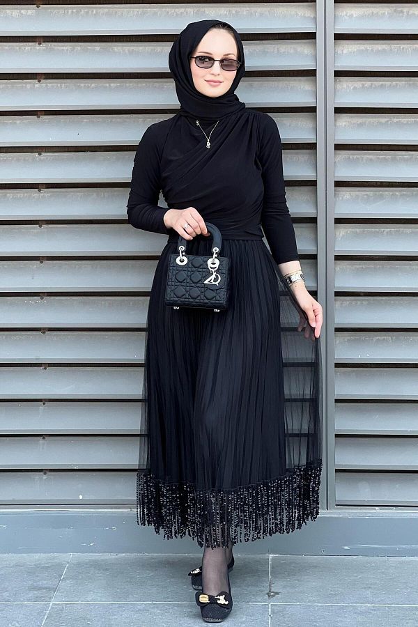 Mahal-Pleated Tulle Skirt with Sequin Chain at the Hem 1
