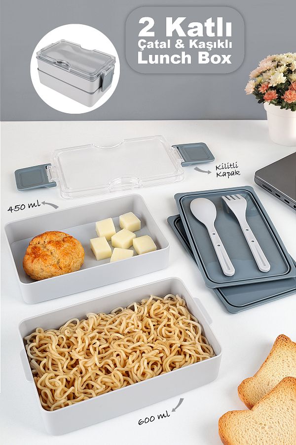 Meleni Home-2 Layer Ziplock Lunch Box - Lunch Box with Self Fork Spoon Lunch Box Storage Container Gray 1
