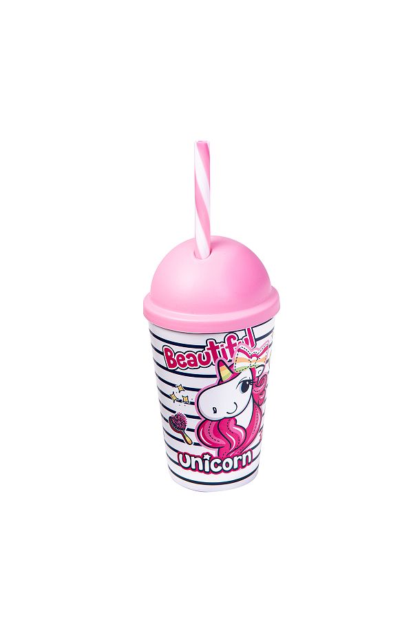 Herevin-340ml Pink Unicorn Printed Tumbler with Straw - BPA-Free PP Kids Sipper Cup with Secure Lid 1