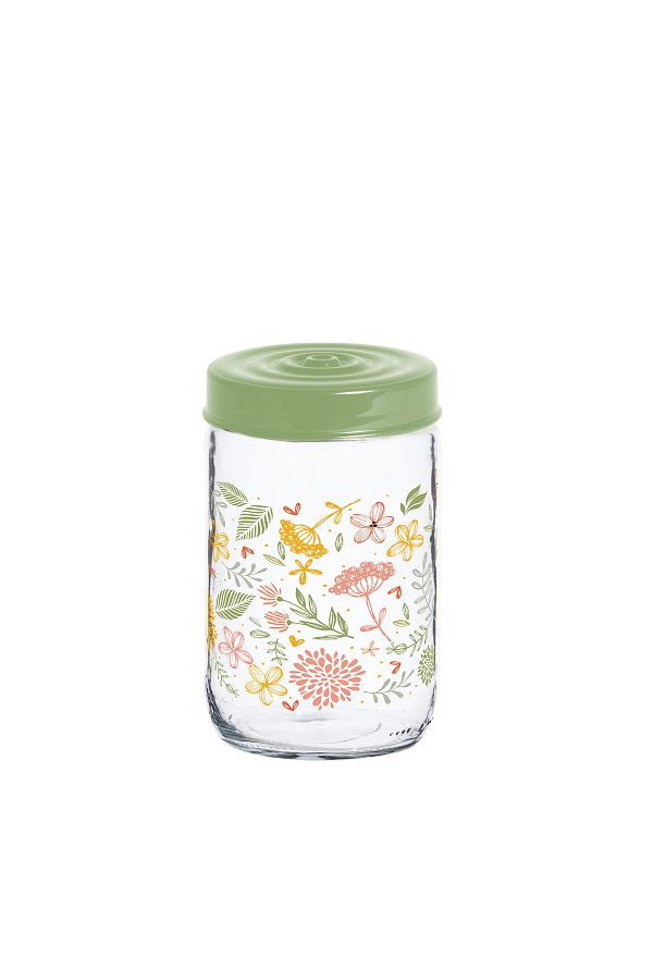 Herevin-660ml Glass Spice Jar with Decorative PP Green Lid Botanic, Transparent 1