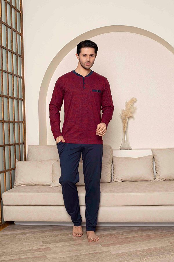 Tarık-Men's Combed Cotton Half Button Burgundy Flatolu Network Pattern Long Sleeve Pajama Set 1