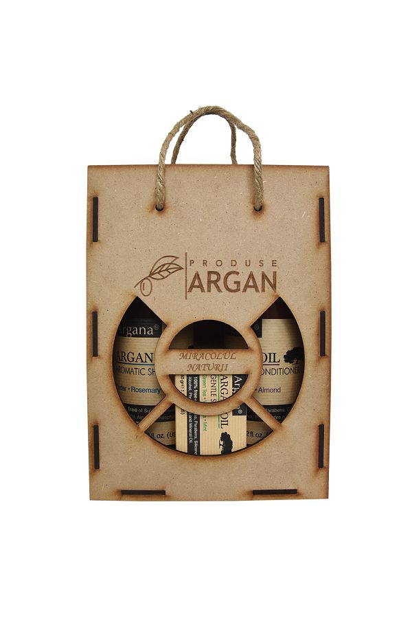 AZBANE -CASABLANCA - MAROC-Set Cadou Rustic Argan Cutie Lemn Sampon Argana 400 ml, Balsam Par Argana 400 ml, Sapun Argana 40 gr 1