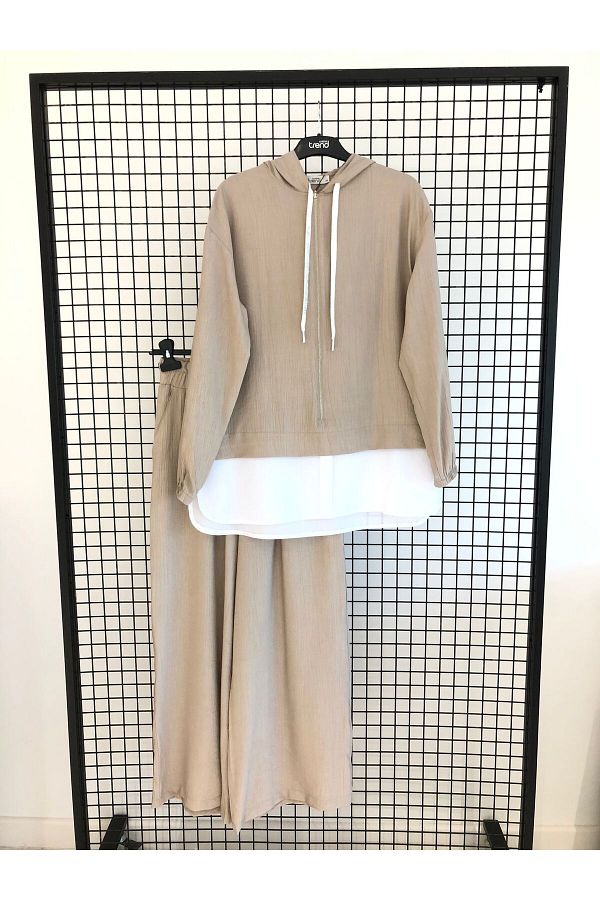 Armine TREND-Zippered Hooded Drawstring Sleeve Tunic Elastic Waist Wide Leg Fabric Pants Top and Bottom Set 1