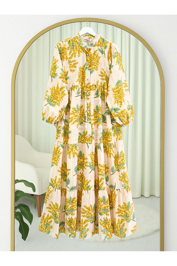 Modamorfo-Patterned Modal Dress with Elastic Sleeves and Half Buttons - Mustard 1