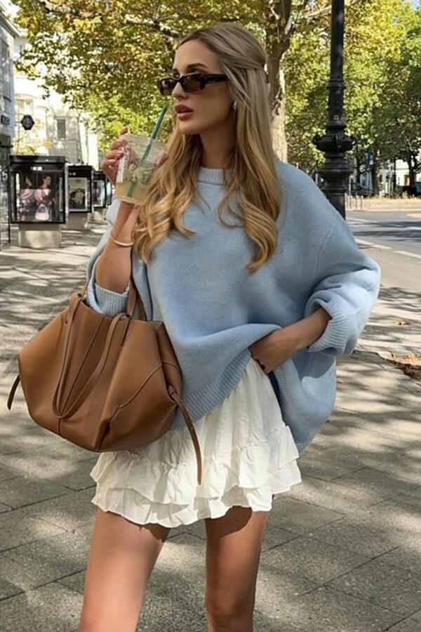 Madmext Bebe Mavisi Bisiklet Yaka Oversize Triko Kazak MG1972
