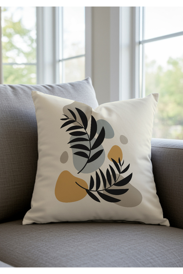 Pillow Home-Modern Leaf Patterned Digital Printed Throw Pillow Case 43X43 cm - Minimal Design with Beige Background 1