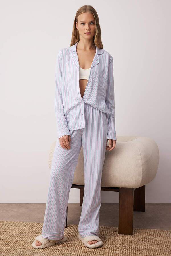 Trendyol Collection Lilac-Multicolored 100% Cotton Striped Shirt-Pants Knitted Pajamas Set Thmaw24Pt00144