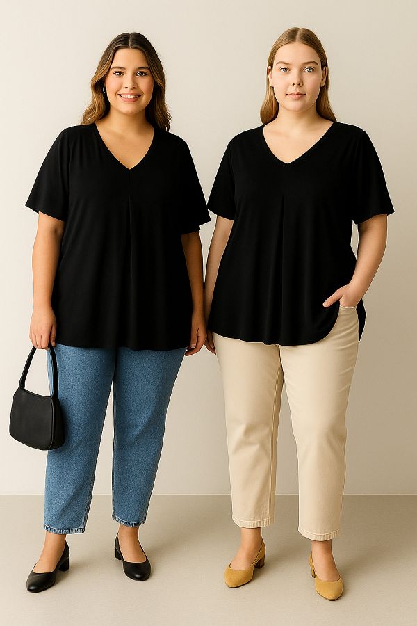 Stil Diva-Plus Size Double Pack V Neck Patternless Asymmetric Cut Lycra Blouse 320315X2 1
