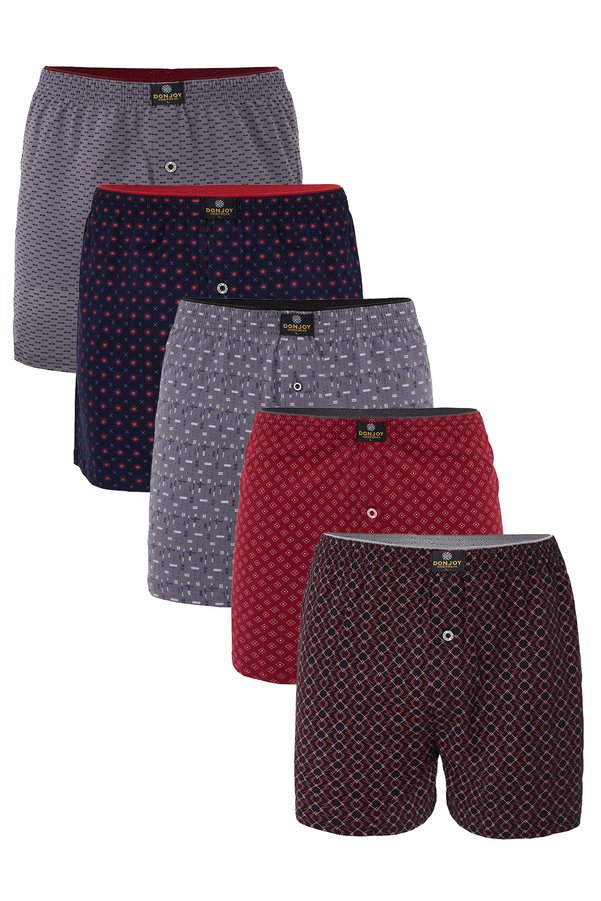 don joy Men's 5-Piece Patterned Cotton Combed Long Buttoned Boxers with Elastic Waist
