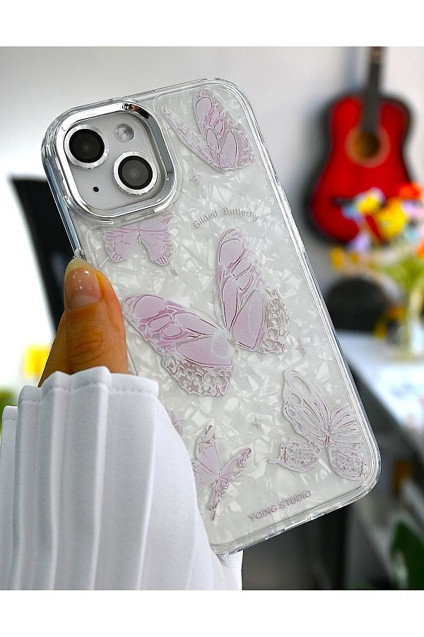 Go Aksesuar-iPhone 15 - 14 - 13 Compatible 2in1 Butterfly Print Pattern Silicone Case 1