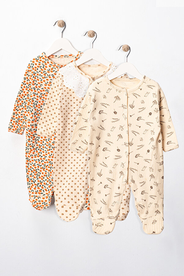 ENİA BABY Kız Bebek Çiçek Desenli 3-6-9 ay 3lü Pamuklu 3 parça Patikli Tulum