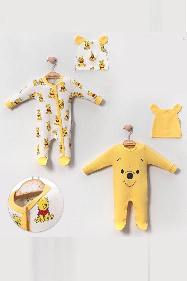 miniyou Ayıcık Baskı Desenli 2 Li Şapkalı Yeni Doğan Bebek Tulum Set My-1062MC