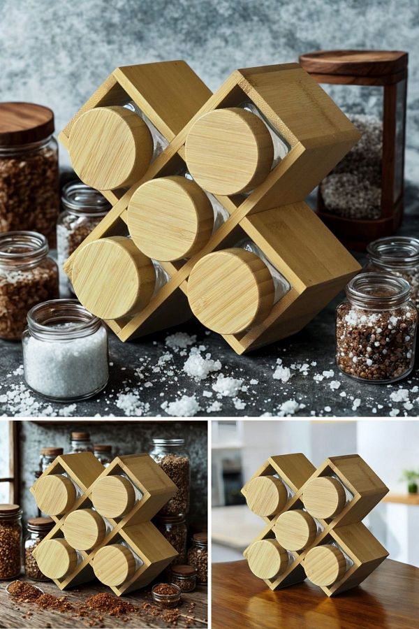 Piev-Set of 5 Jars with Bamboo Lid and Stand X Spice Rack 1