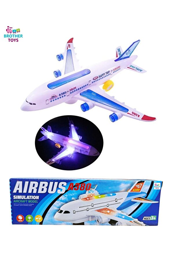 Brother Toys Hareketli Pilli 3d Işıklı Müzikli Yerde Gezen Airbus Uçak Oyuncak 23 Cm.
