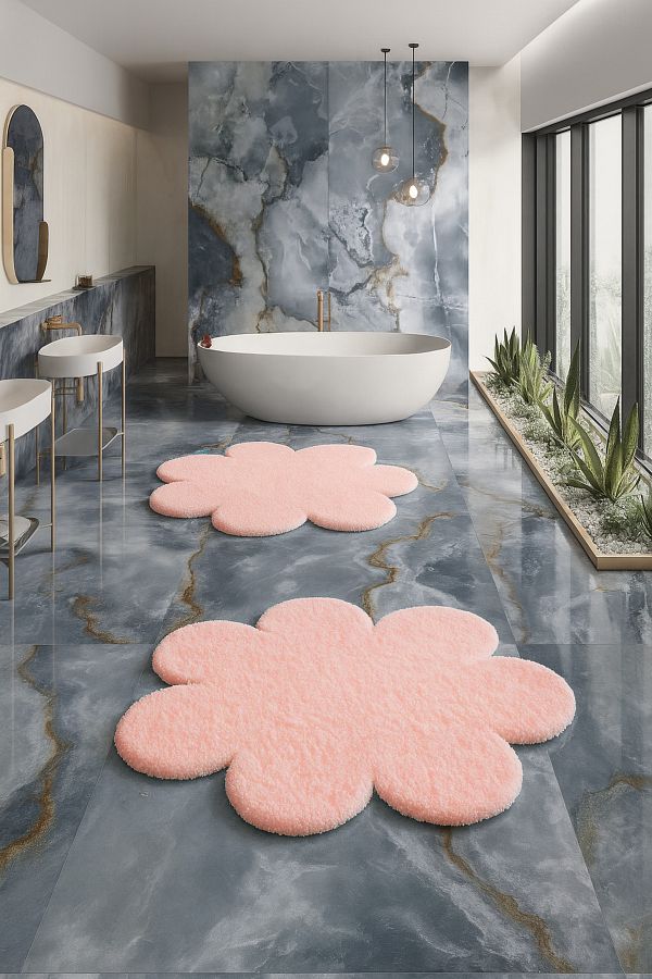 KEVLİNE-Bathroom Mat Round Daisy Shaped Double Toilet Set 80X80 - 60X60, Soft Soft Key 1
