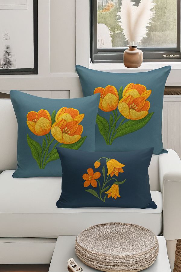 Bertille Home-Set de 3 huse de pernă cu imprimare digitală pe două părți (aspect de broderie cu model de puncție) 1