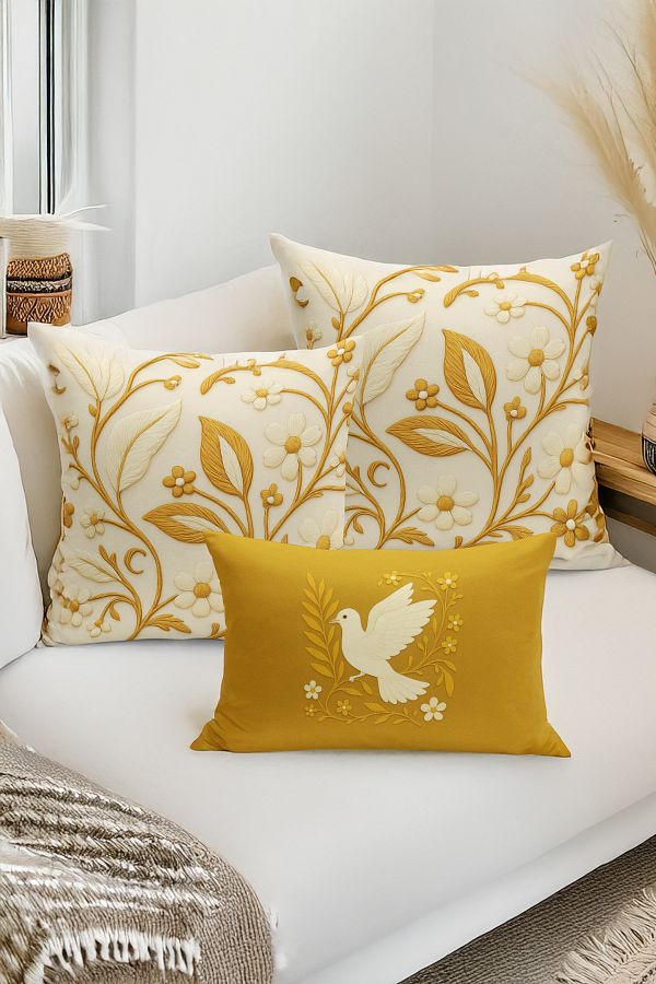 Bertille Home-Set de 3 huse de pernă cu imprimare digitală pe două părți (aspect de broderie cu model de puncție) 1