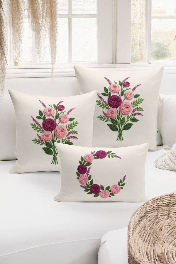 Bertille Home-Set de 3 huse de pernă cu imprimare digitală pe două părți (aspect de broderie cu model de puncție) 1