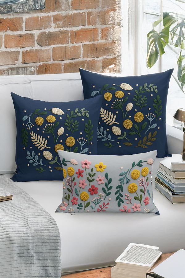 Bertille Home-Set de 3 huse de pernă cu imprimare digitală pe două părți (aspect de broderie cu model de puncție) 1