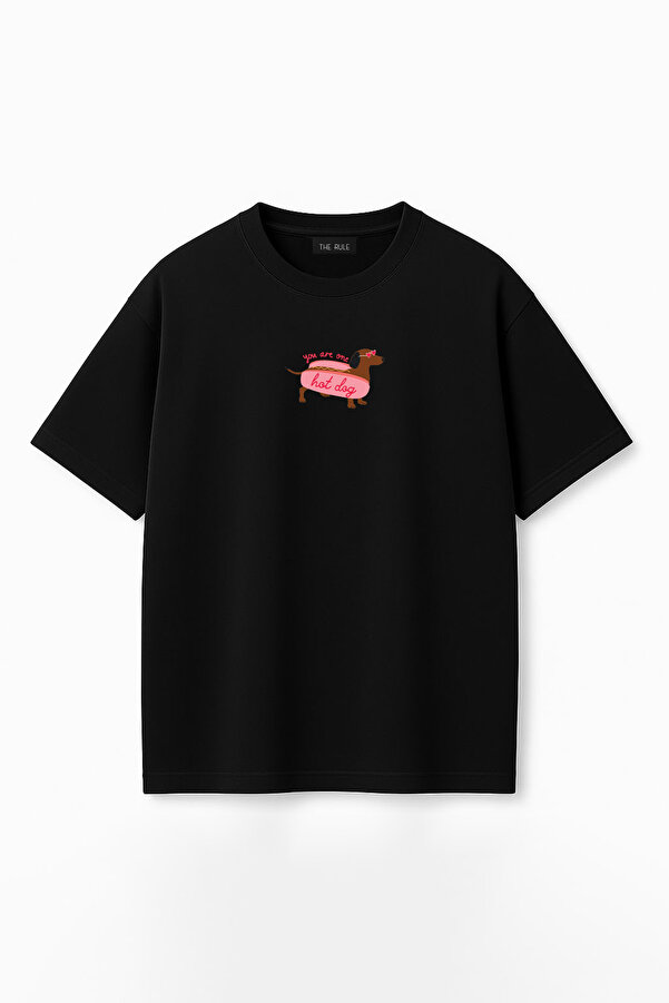 Kadın Hot Dog Baskılı Oversize %100 Pamuk Geniş Kesim Yumuşak Dokulu Bisiklet Yaka T-Shirt RF0534