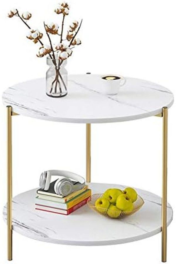 Türkiye-Round Coffee Table - 23.6" Small 2-Tier End Table with Open Storage Shelf, White Wooden Table Top Go 1