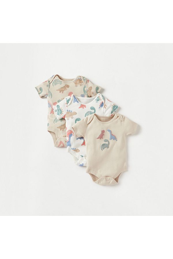 Juniors-Dinosaur Print Bodysuit with Short Sleeves and Button Closure - Set of 3 1