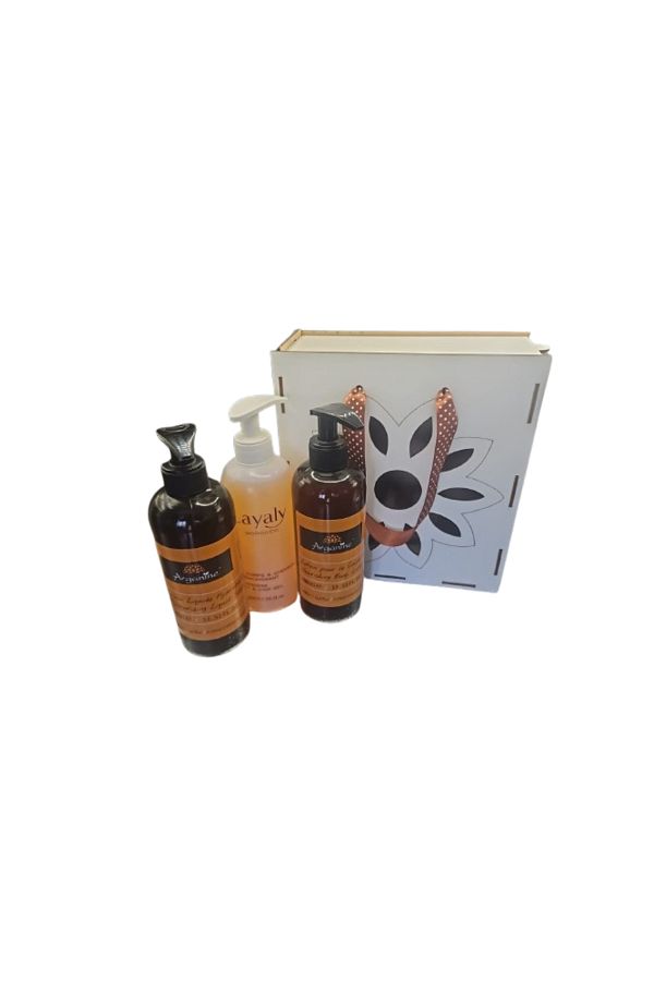 AZBANE -CASABLANCA - MAROC-Set cutie lemn Lotiune Arganine 400 ml, Gel de dus Layaly 400 ml, Sapun lichid Arganine 400 ml 1