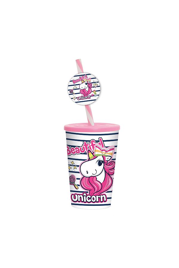 Herevin-340ml Pink Unicorn Printed Kids Tumbler with Fancy Straw PP Sipper Cup with Secure Lid 1
