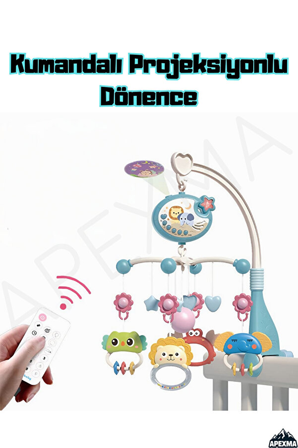 Apexma Pilli Işıklı Müzikli Kumandalı Projektörlü Sabitlemeli Çıngıraklı Dişlikli Dönence - Uyku Arkadaşı