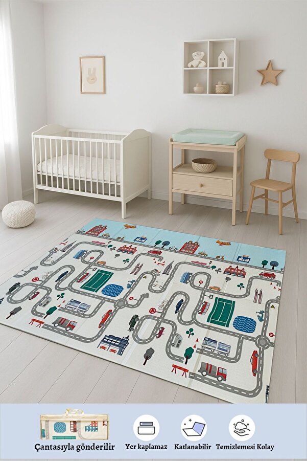 COZIE HOME Premium Yol Desenli-Hayvanlı Çift Taraflı Katlanabilir Oyun Mati Oyun Halısı 150x200