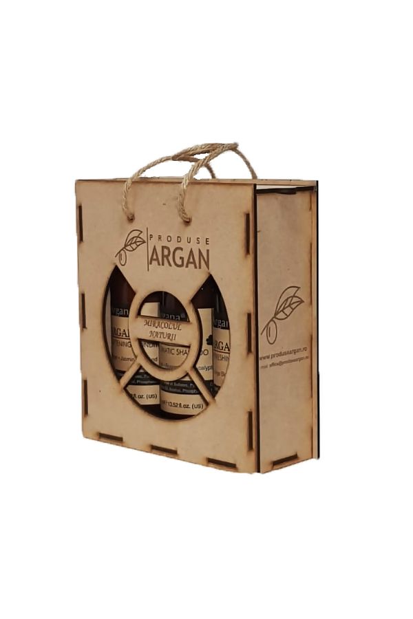 AZBANE -CASABLANCA - MAROC-Set Rustic Argan Cutie Lemn Sampon Argana 400 ml, Balsam Par Argana 400 ml, Gel De Dus Argana 400 ml 1