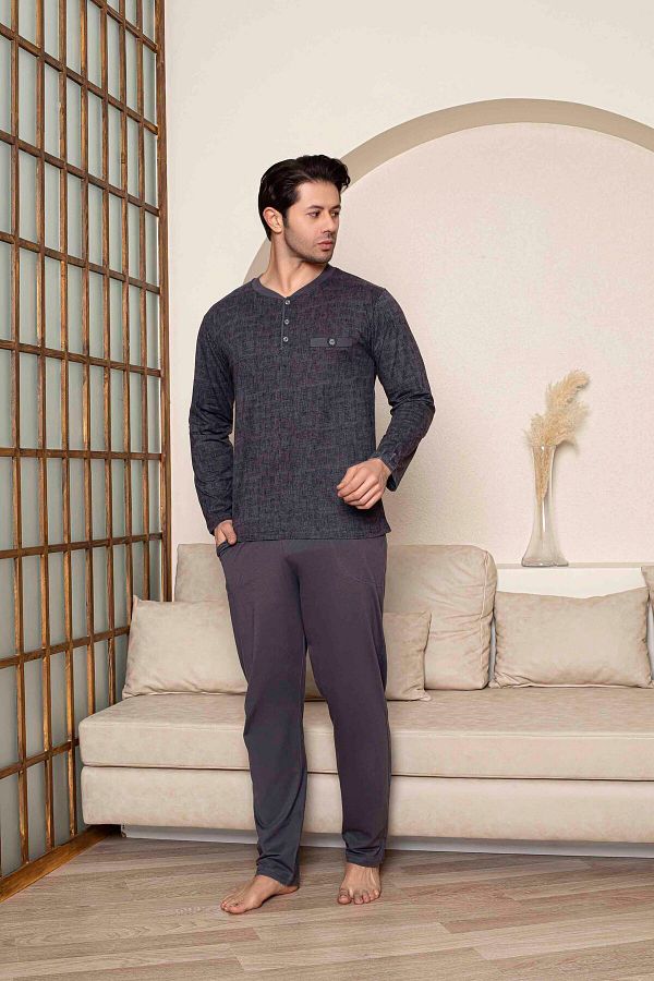Tarık-Men's Combed Cotton Half Button Smoked Flatolu Crushed Long Sleeve Pajama Set 1