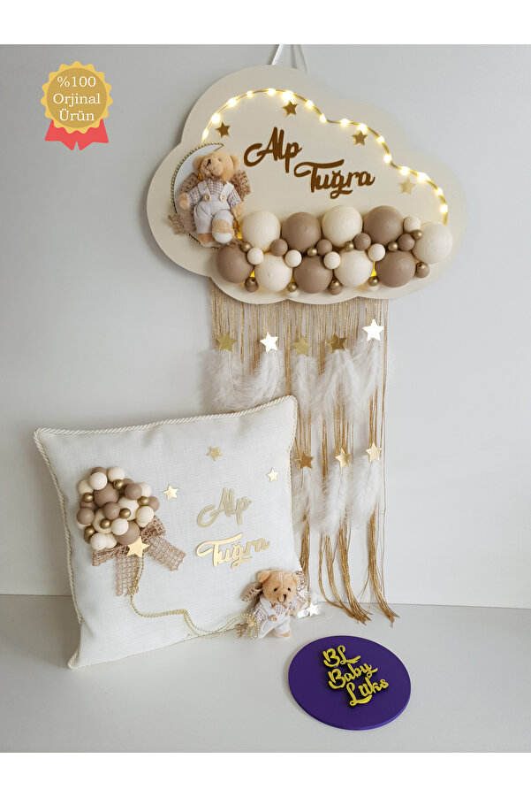 BL Baby Lüks Bubble Ledli Bulut Bebek Kapı Süsü Ve Yastık Krem Zemin Kahve Top