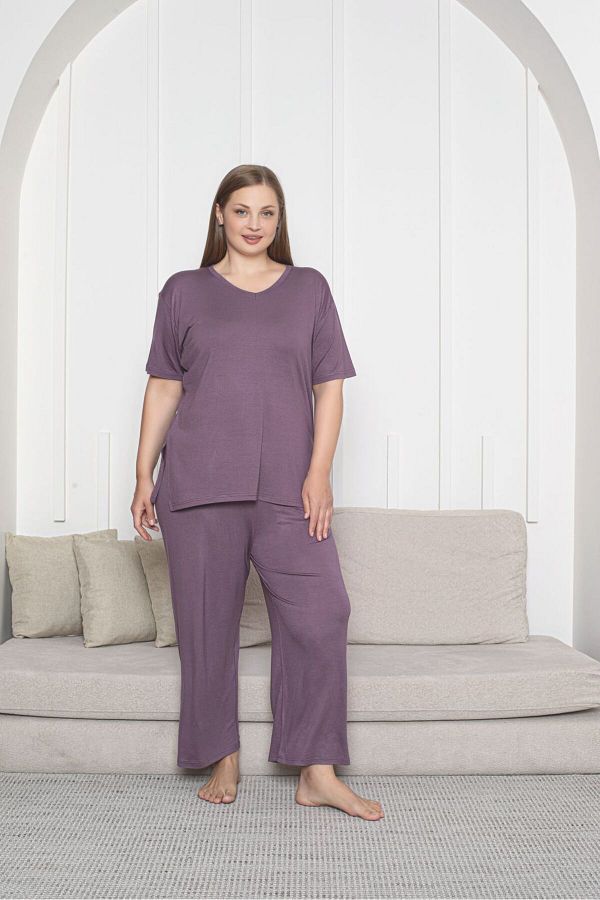 Asel-Large Size Lycra Combed Cotton Fabric Side Slit 2-Piece Stylish Tunic Bottom-Top Set 1